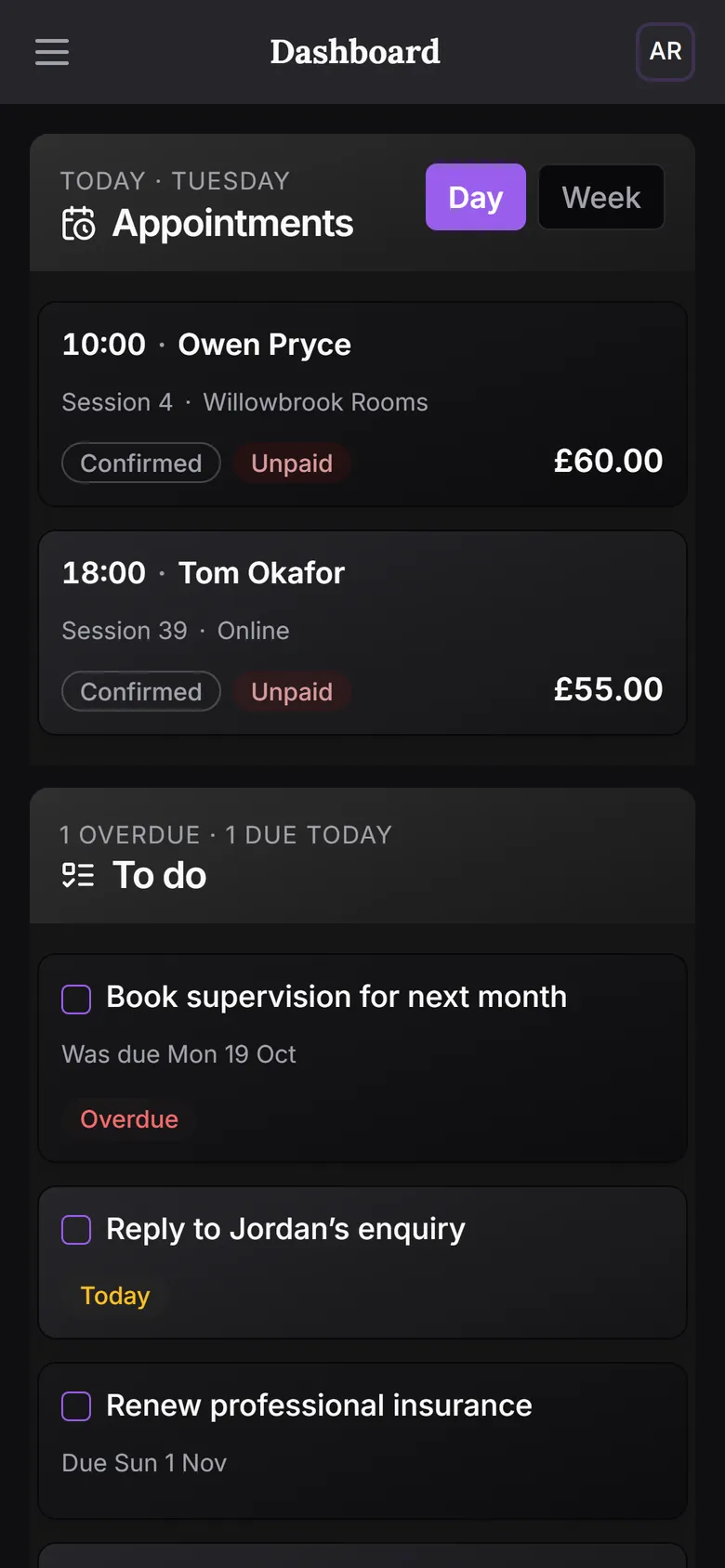 The SyncDiary dashboard: this month’s income, outstanding payments and sessions attended, today’s appointments, things to do, tax set aside and clients by stage.