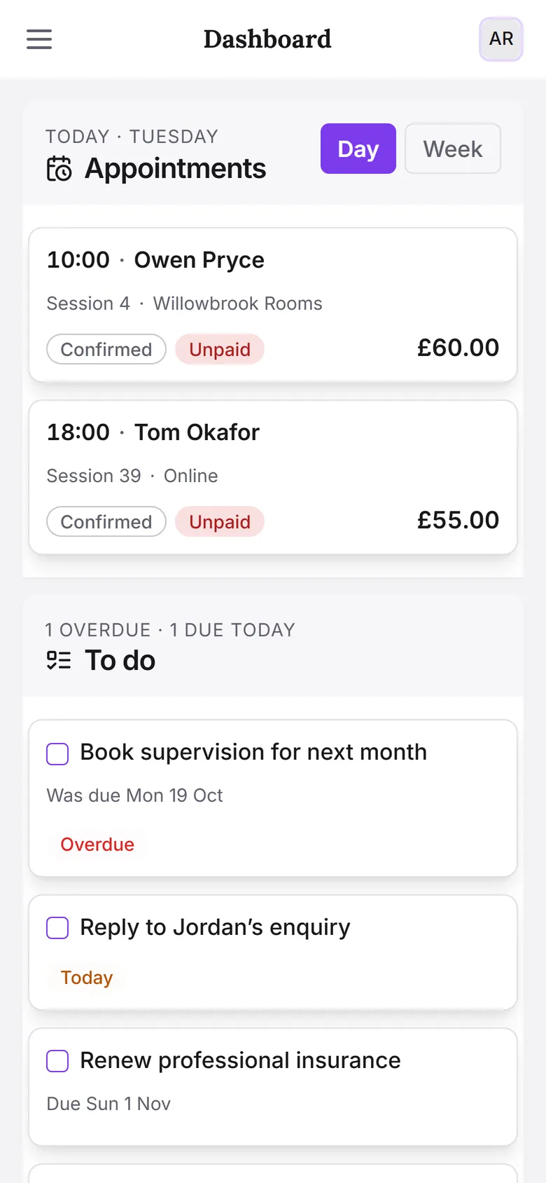 The SyncDiary dashboard: this month’s income, outstanding payments and sessions attended, today’s appointments, things to do, tax set aside and clients by stage.